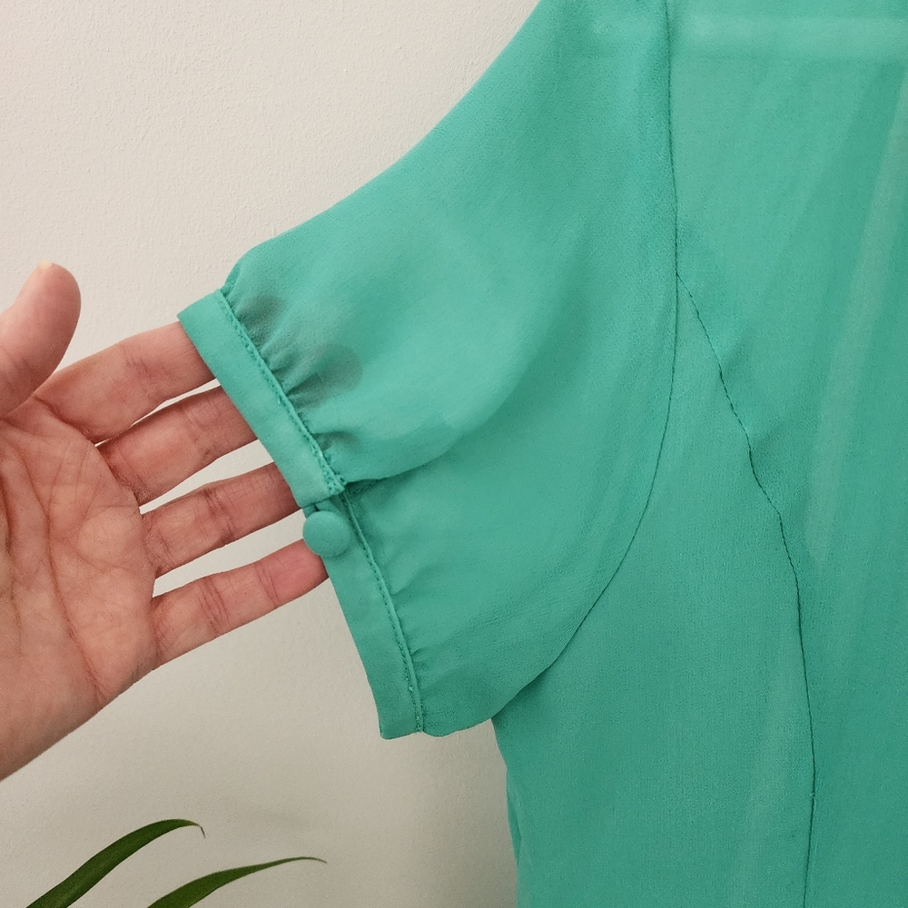 Silky Sea Green Blouse, with capped button short sleeves and lace embroidery. - Picture 6 of 6